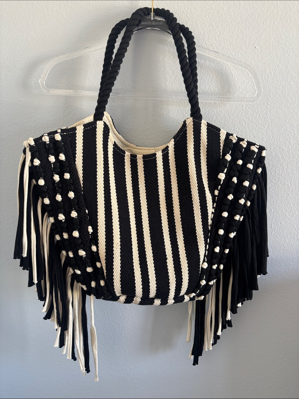 Black and White Striped Fringe Tote Bag